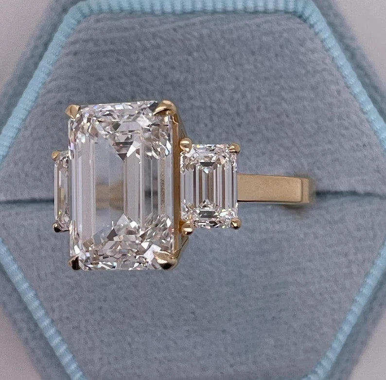 8.00 Carat Emerald Cut Lab Grown Diamond Three Stone Ring 14k Gold IGI Certified