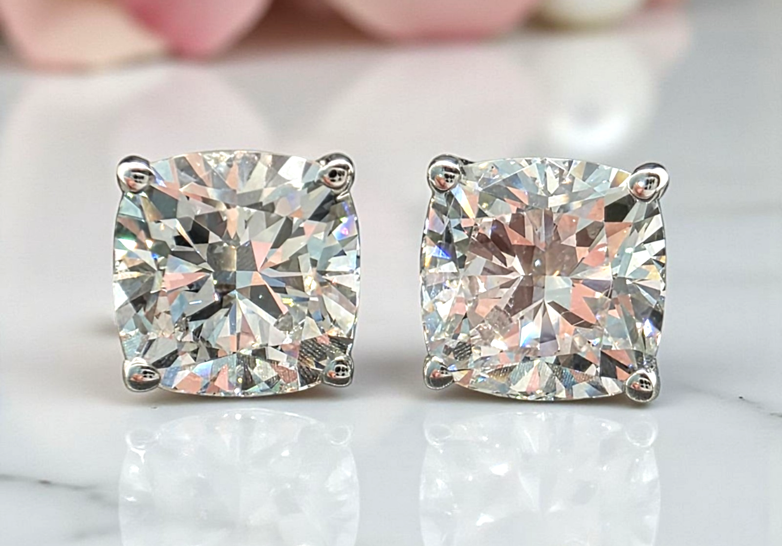 4.00 Cushion E VS1 Lab Grown Diamond Studs IGI Certified 14k White Gold