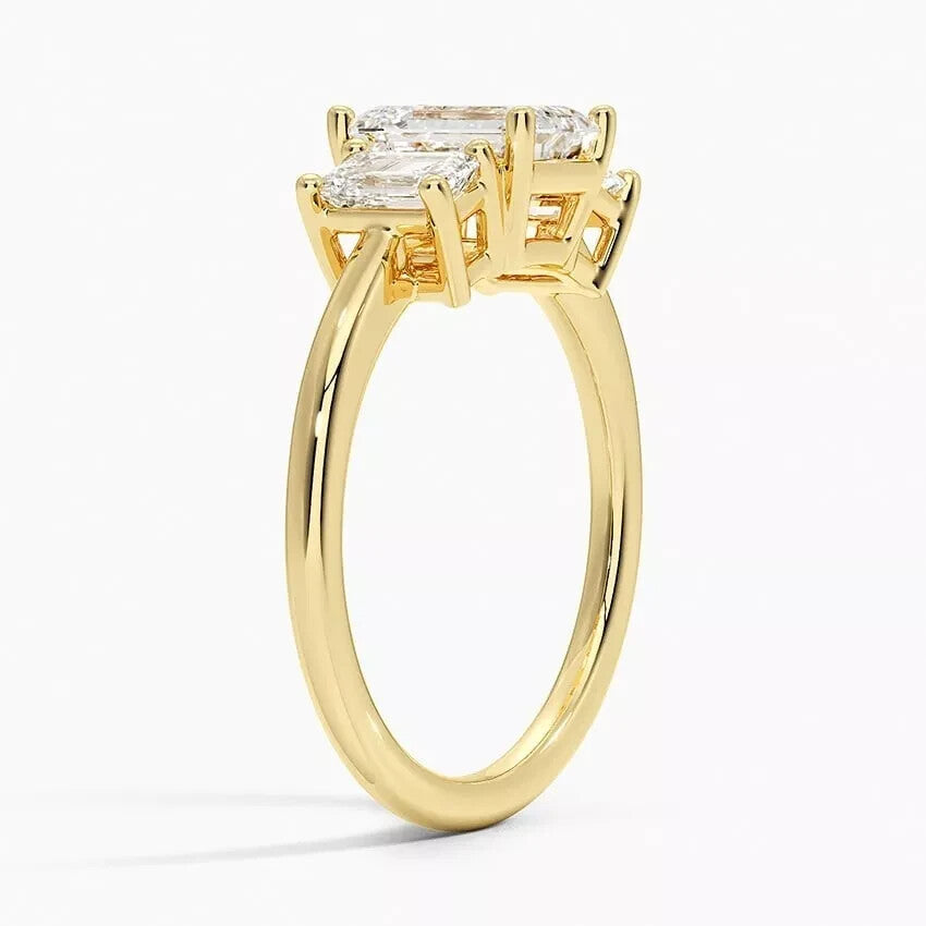 5 Carat IGI CERTIFIED E VS1 Emerald Cut Lab Grown Diamond Three Stone Ring 14k