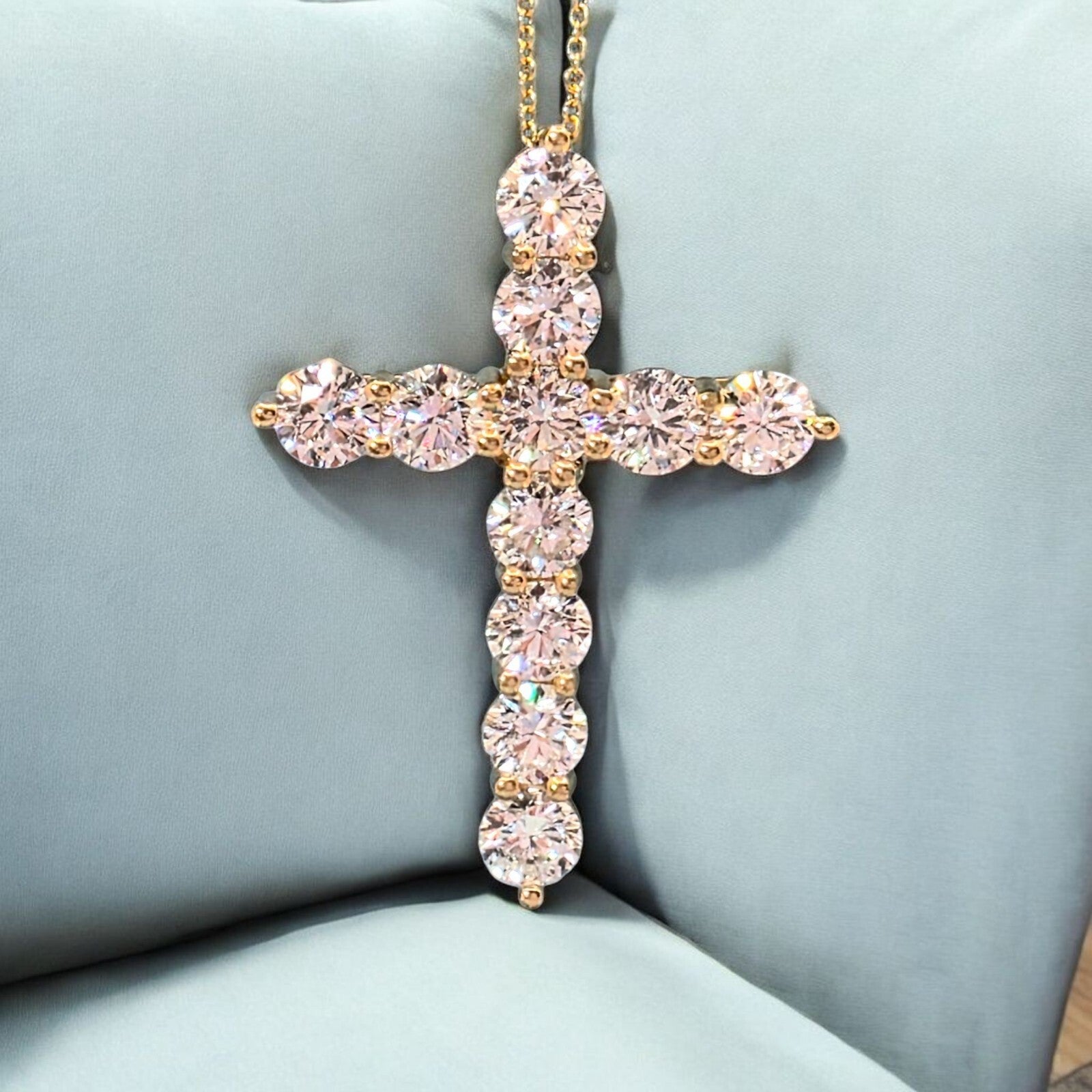 7.73 Ct E VS Round Lab Grown Large Diamond Cross Pendant Necklace 14k Gold