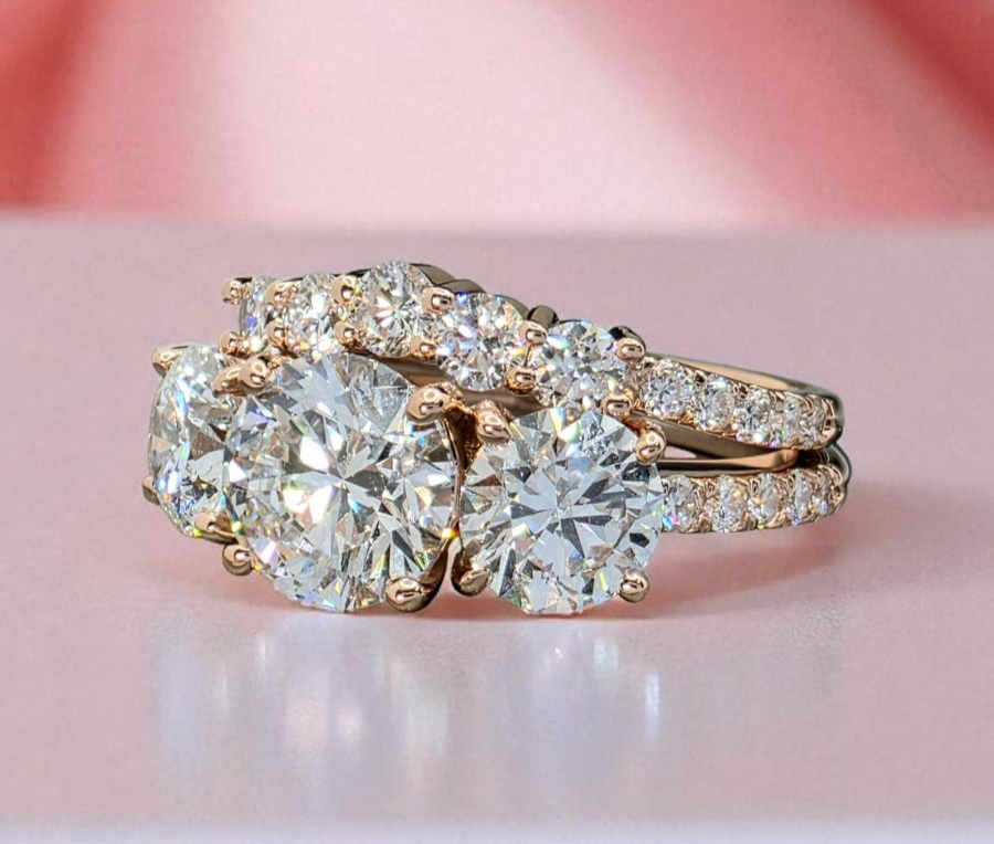 5.00 Ct D VS1 Lab Grown Diamond Ring With Matching Band IGI Certified 14k Rose