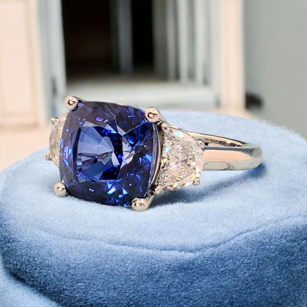 5.60 Ct Cushion Lab Grown Sapphire & Platinum Diamond Ring 14k GIA Authenticated