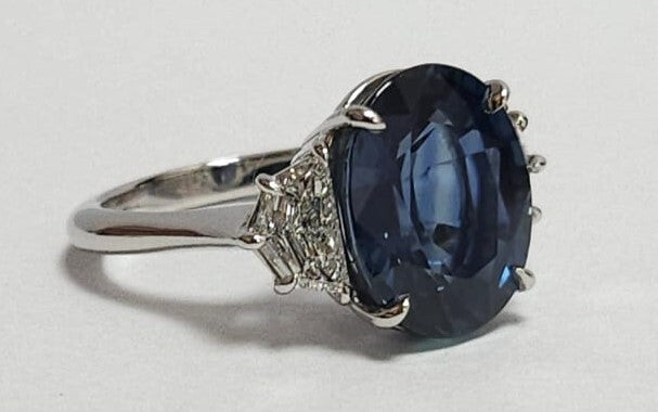 Authenticated 3-Stone Natural Oval Sapphire & Shield Cut Diamond Engagement Ring