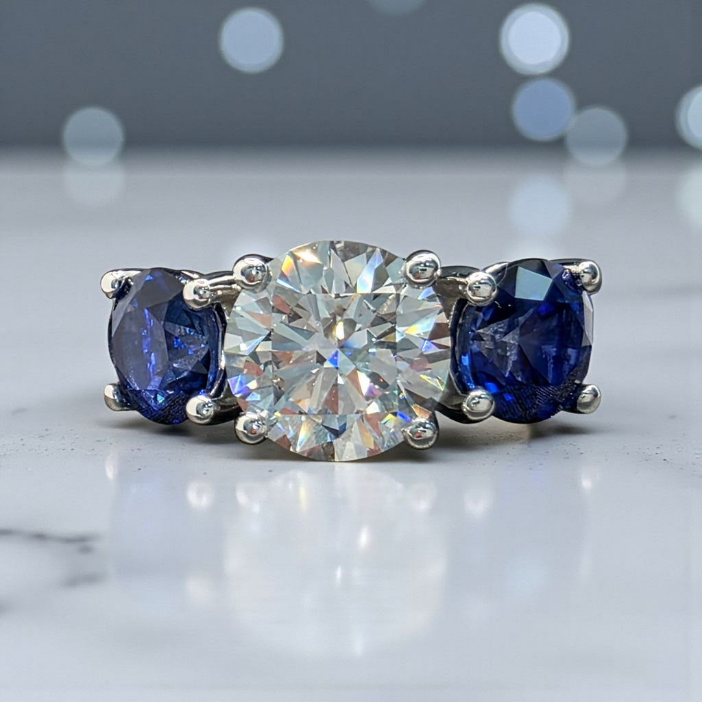6.00 Ct E VS1 Sapphire and Diamond Lab Grown 3 Stone Ring 14k White Gold