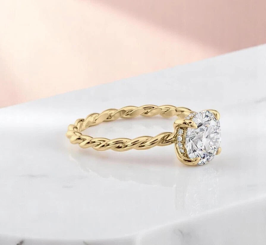 2.00 Ct D VS1 Round Rope Lab Grown Diamond Ring 14k Yellow IGI Certified