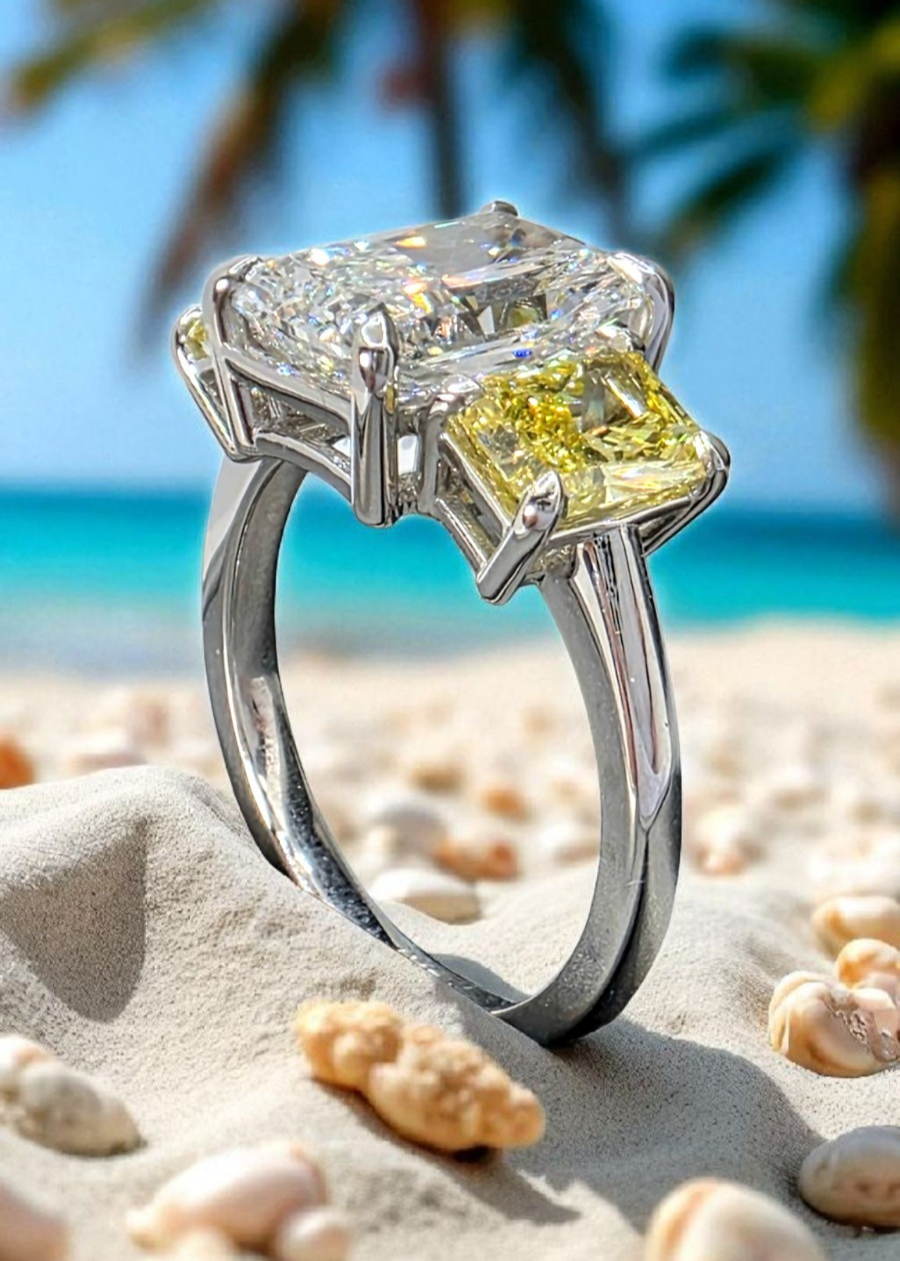 4.42 CT E VVS2 Radiant Cut Lab Grown Diamond 3 Stone Ring Platinum IGI Certified