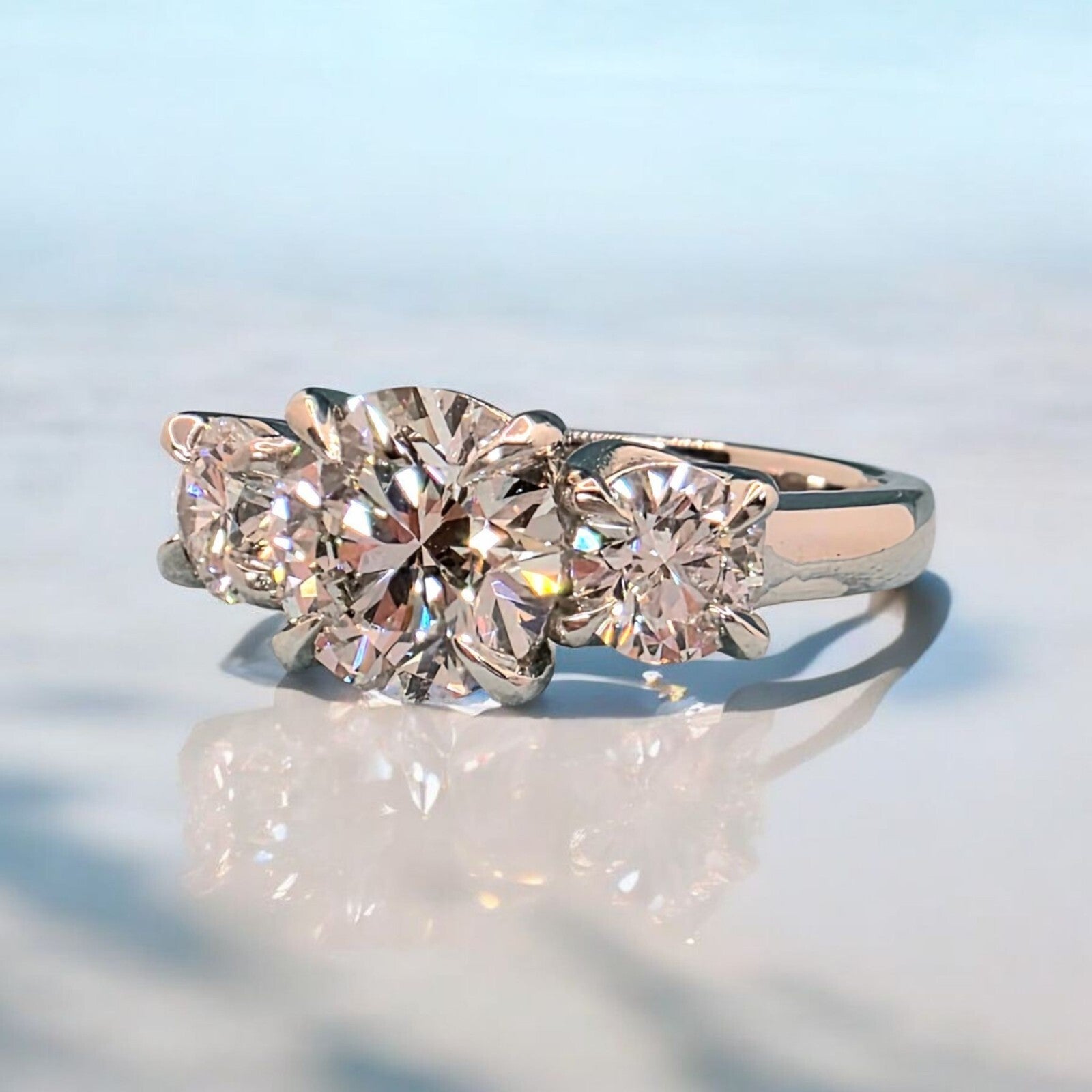 3.00 Ct E VS1 Round Diamond Three 3 Stone Ring IGI Certified Lab Grown Platinum