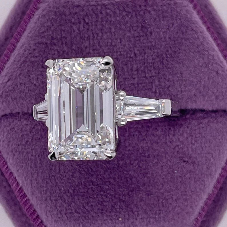 5.35 Ct IGI E VS1 Emerald Cut Lab Grown Diamond Side Baguette Three Stone Ring