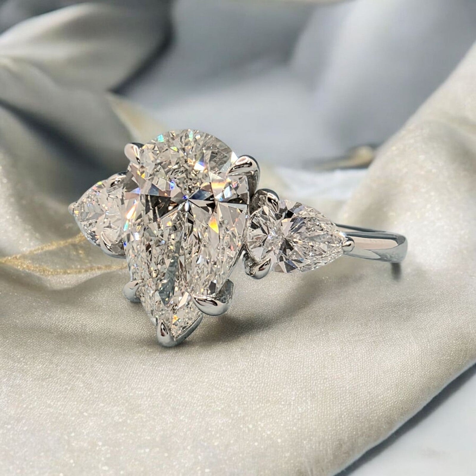 2.70 Ct 3 Stone E VS1 Diamond Ring Pear Shape IGI Certified Lab Grown Platinum