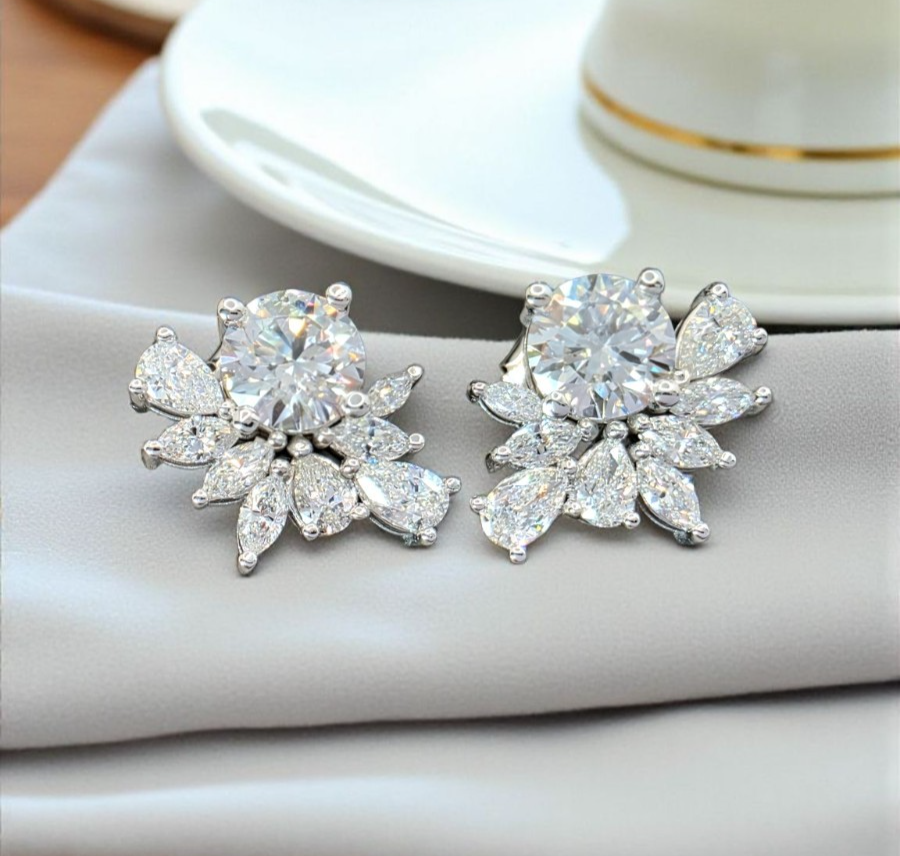 3.33 Ct Lab Grown Diamond Cluster Studs Earrings 14k White Gold D VS1 IGI Cert