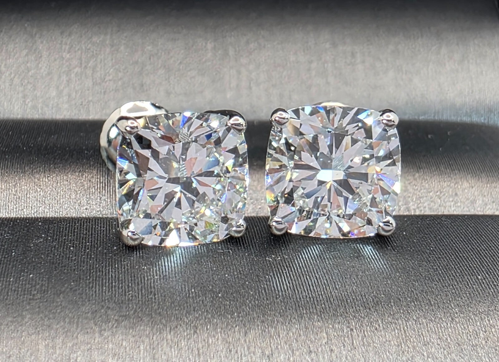 4.00 Cushion D VS1 Lab Grown Diamond Studs IGI Certified 14k White Gold Screw