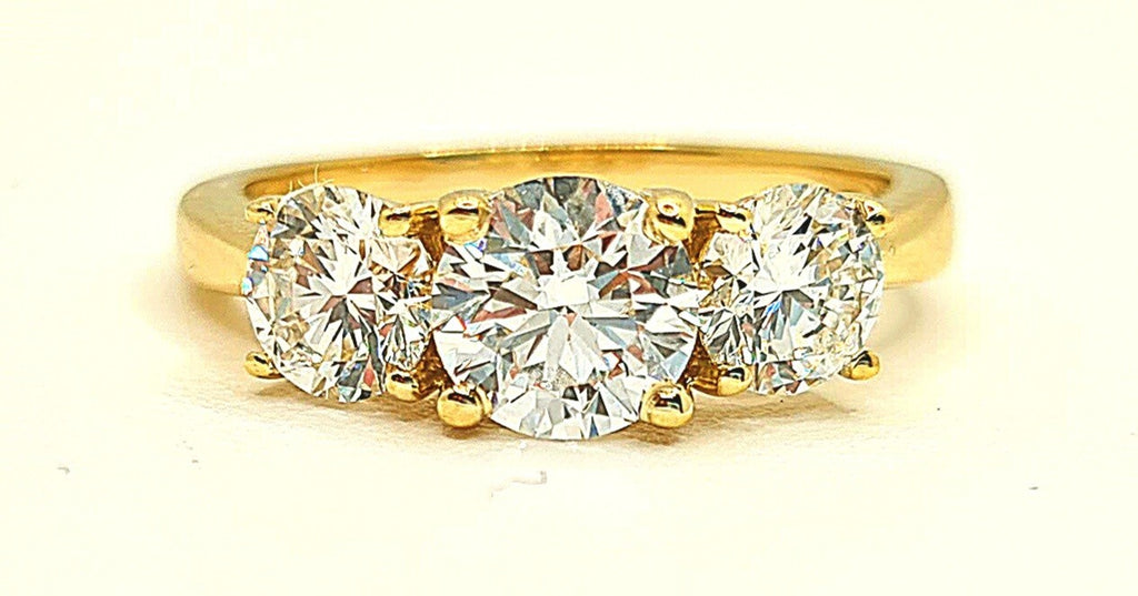 2.20 Carat Round Diamond Three 3 Stone Ring IGI Certified Lab Grown 14k Yellow
