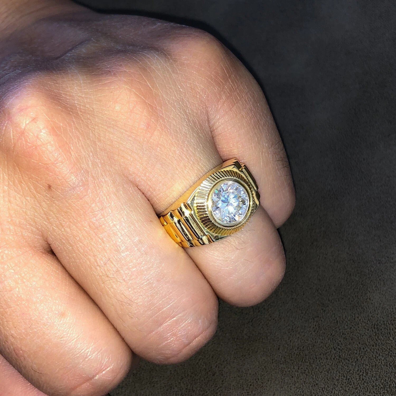 2.00 Ct D VS1 Lab Grown Round Diamond Men's Ring 14k Yellow Gold IGI Certified