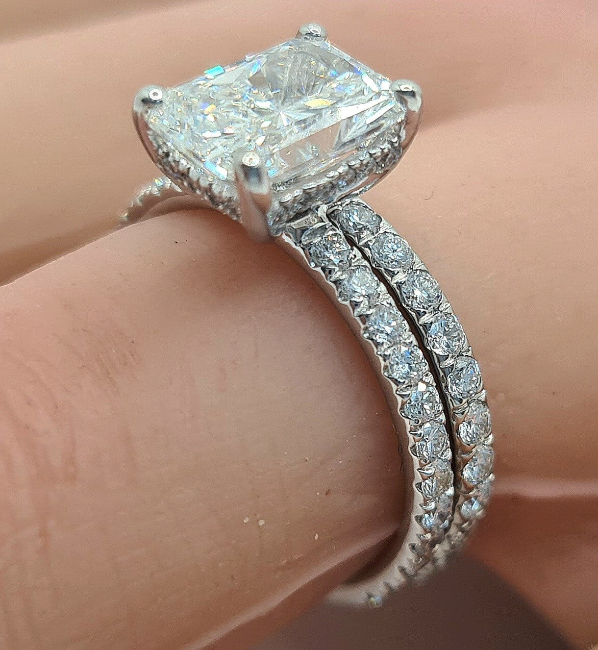 3.00 Ct E VS1 Lab Grown Radiant Diamond Ring With Band IGI Certified Diamond