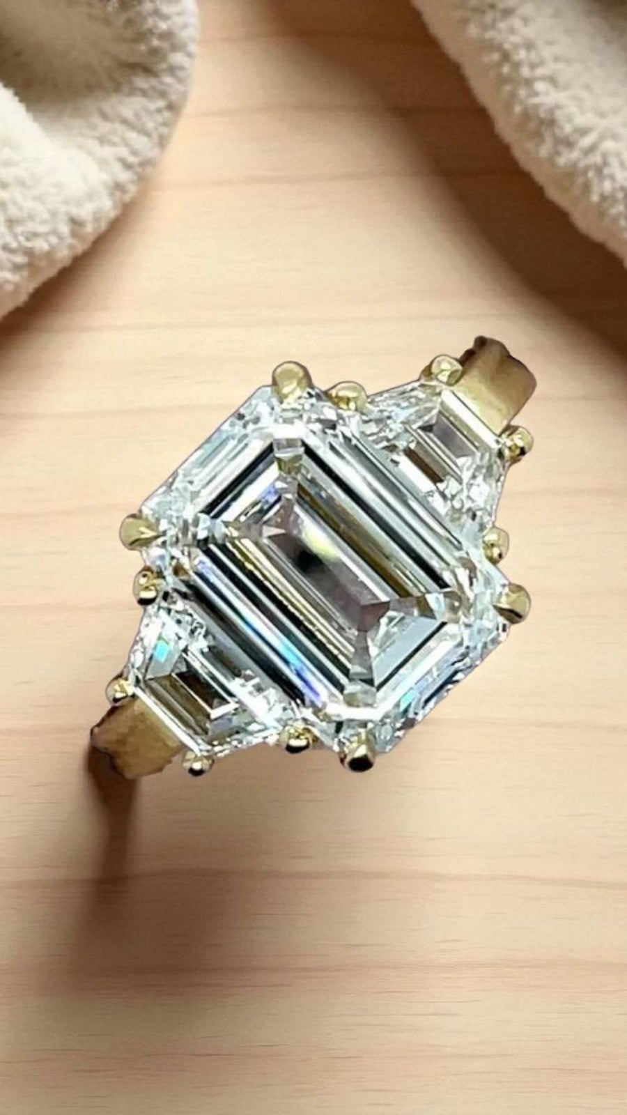 3.80Ct Emerald Cut Lab Grown Diamond Three Stone Engagement Ring 14k Yellow Gold