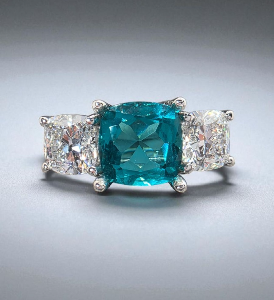 4.00 Ct Cushion Lab Grown Paraiba Tourmaline and Diamond Ring 14k IGI GIA