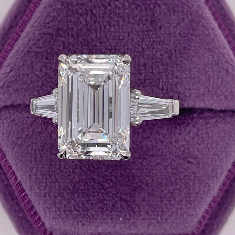 5.35 Ct IGI E VS1 Emerald Cut Lab Grown Diamond Side Baguette Three Stone Ring