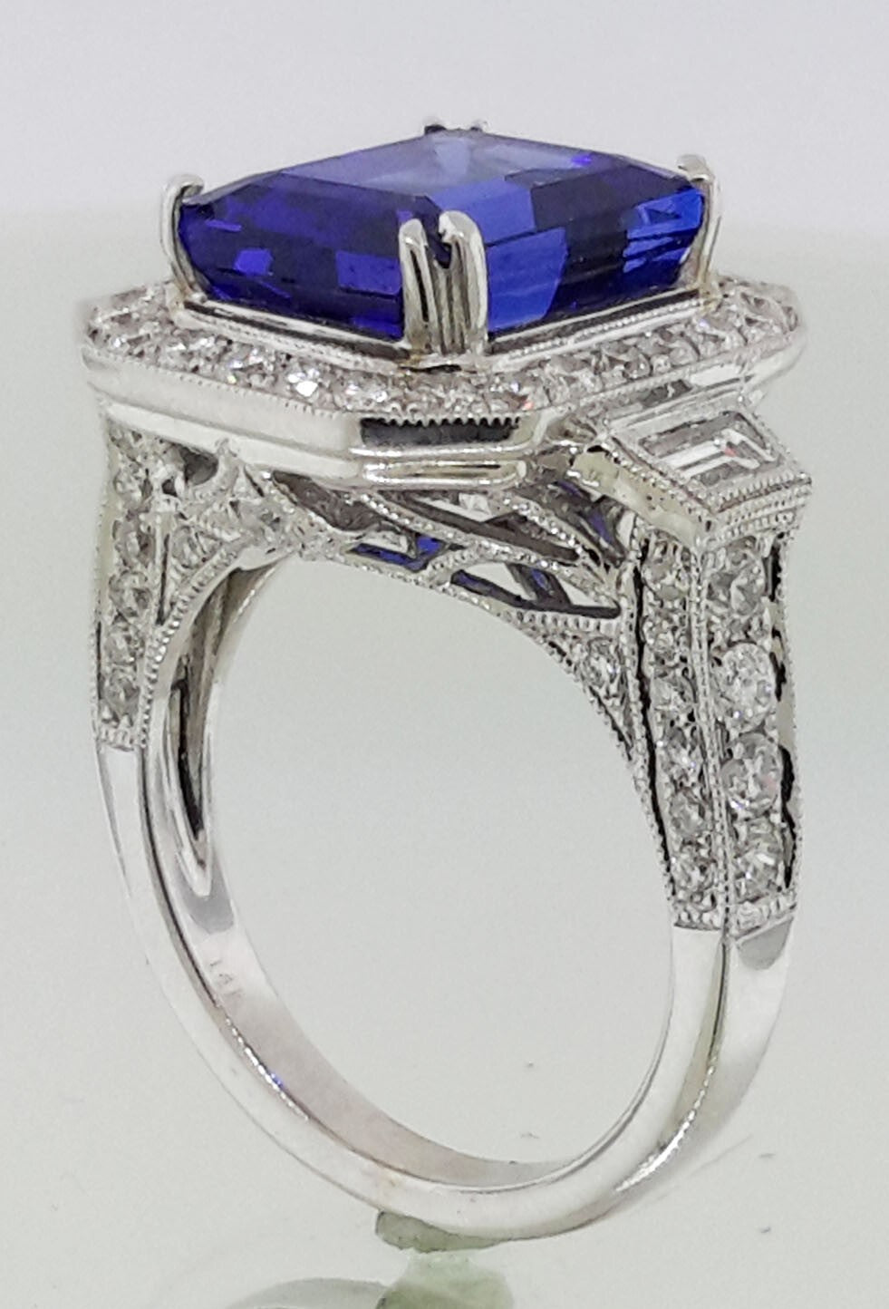6.95 Carat Tanzanite and Diamond Ring Set in 14k White Gold