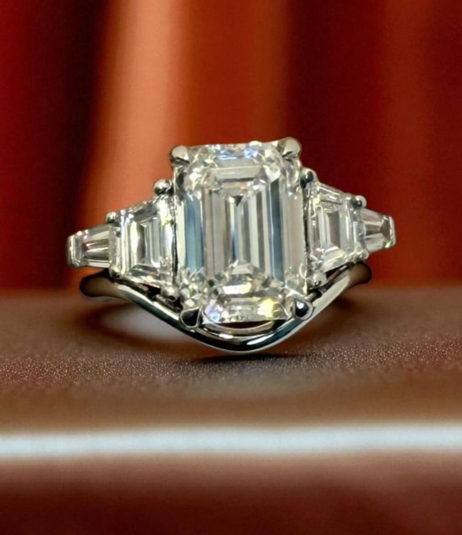 4.80 Carat E VS1 Platinum Emerald Cut IGI Lab Grown Diamond Ring and Curved Band