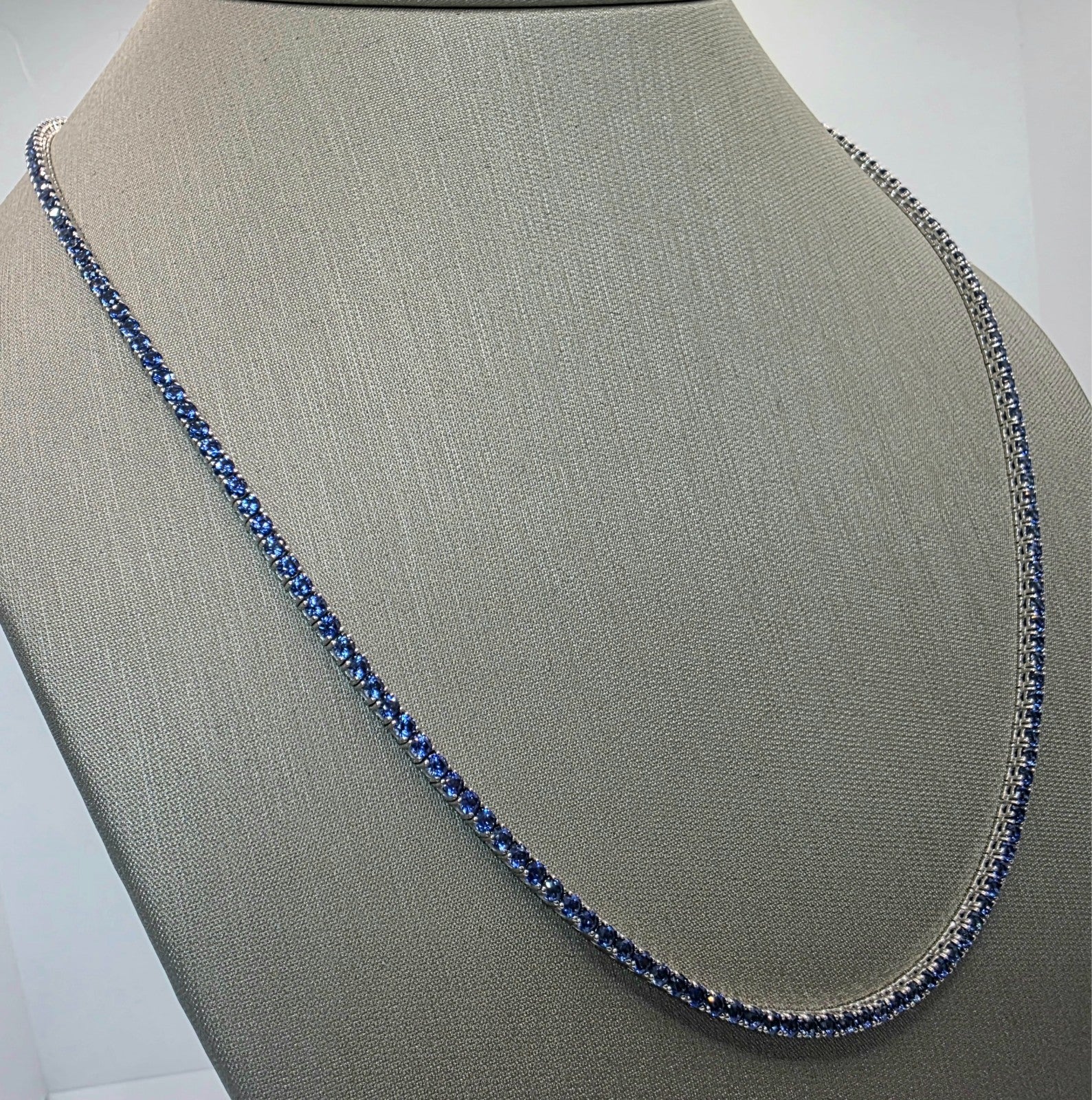 14.00 Ct 14k White Gold Lab Grown Eternity Sapphire Tennis Necklace, 17” NEW!