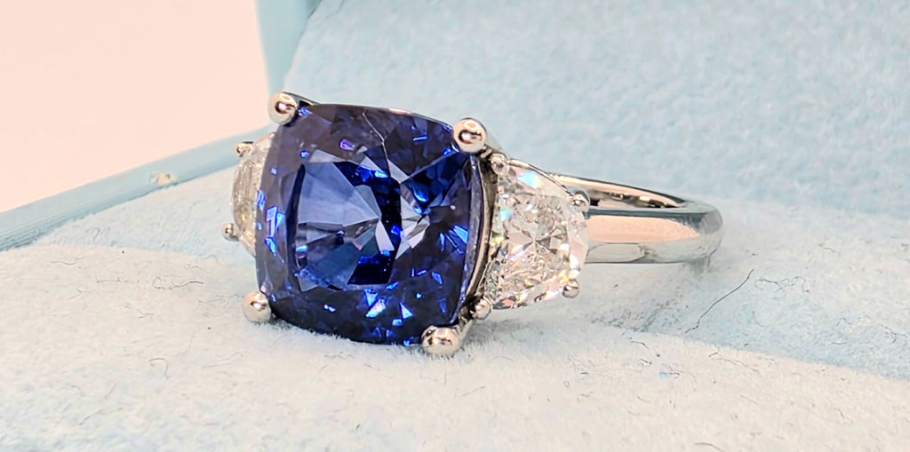 5.60 Ct Cushion Lab Grown Sapphire & Platinum Diamond Ring GIA Authenticated