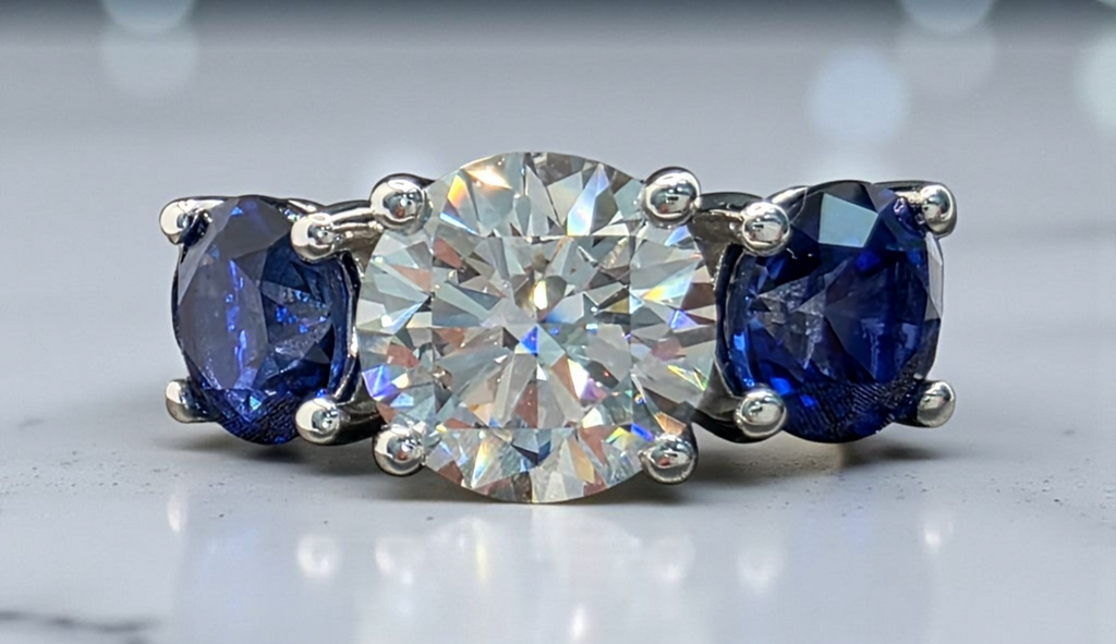 4.00 Ct D VS1 Sapphire and Diamond Lab Grown 3 Stone Ring 14k White Gold