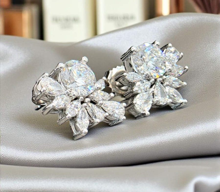 3.33 Ct Lab Grown Diamond Cluster Studs Earrings 14k White Gold D VS1 IGI Cert