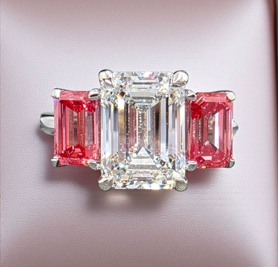 4.60 CT D VS1 Emerald Cut Lab Grown Diamond 3 Stone Ring Platinum IGI Certified