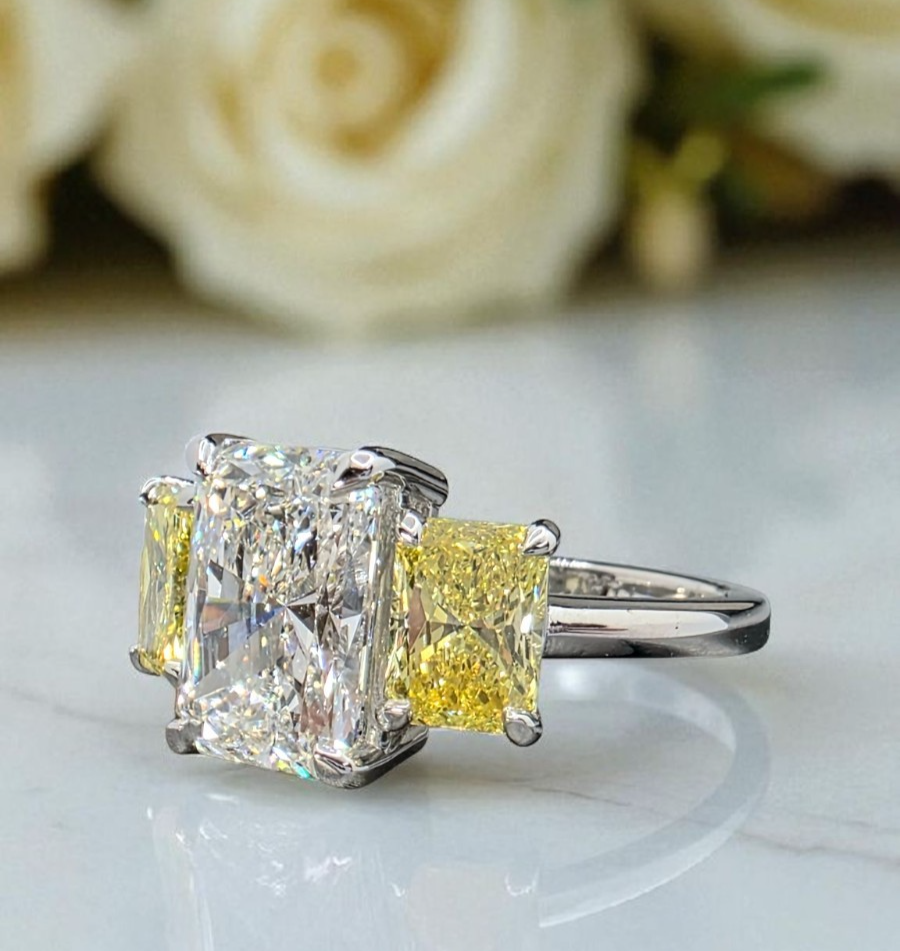 4.42 CT E VVS2 Radiant Cut Lab Grown Diamond 3 Stone Ring Platinum IGI Certified