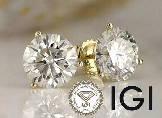 2.00 Ct D VS1 Round Lab Grown Diamond Earrings 14K Yellow Gold IGI Certified