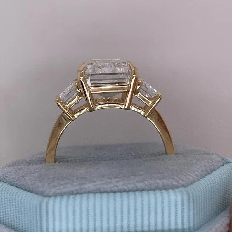 8.00 Carat Emerald Cut Lab Grown Diamond Three Stone Ring 14k Gold IGI Certified