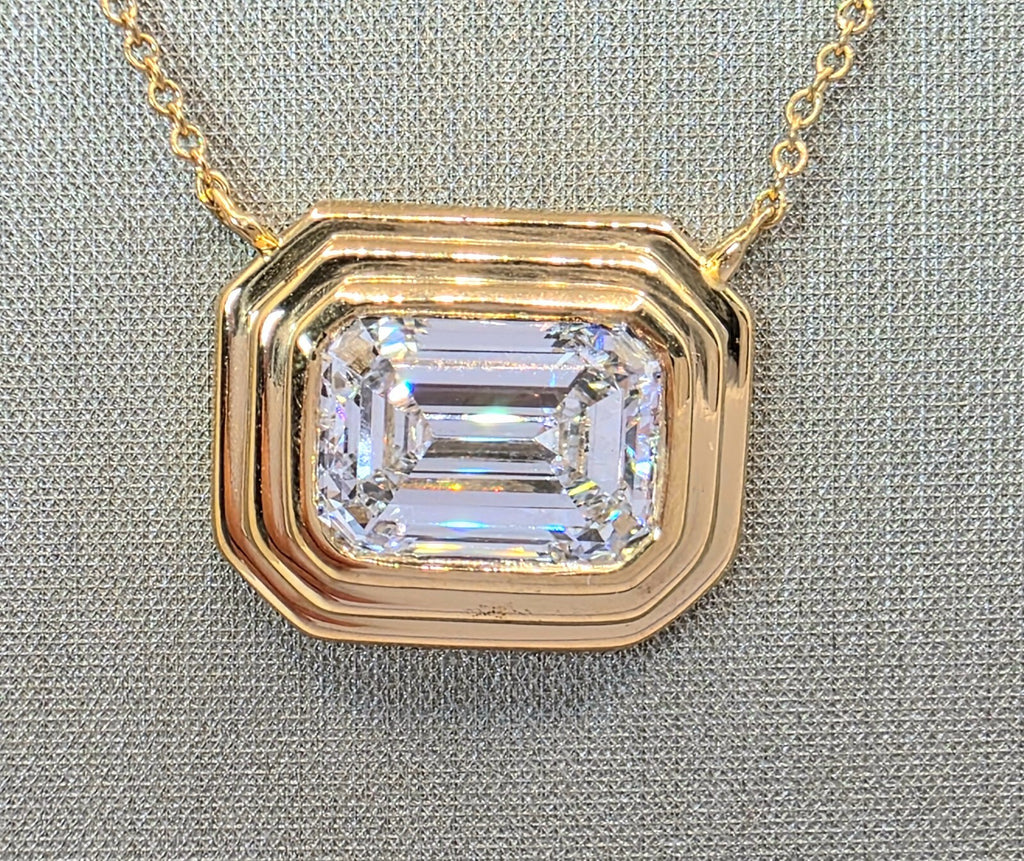 2.84 Ct D VVS2 Emerald Cut Lab Grown Bezel Pendant 14k Yellow Gold IGI Certified