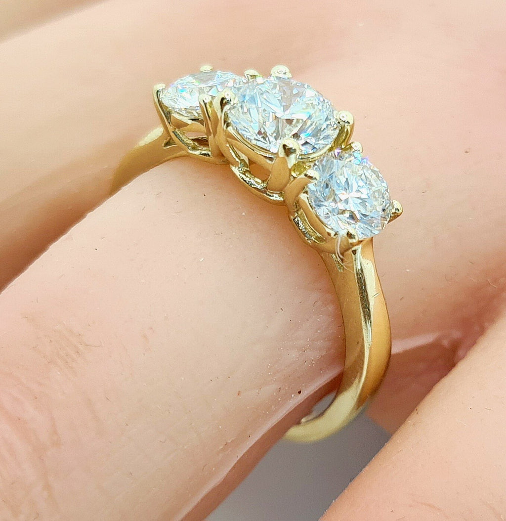 2.20 Carat Round Diamond Three 3 Stone Ring IGI Certified Lab Grown 14k Yellow