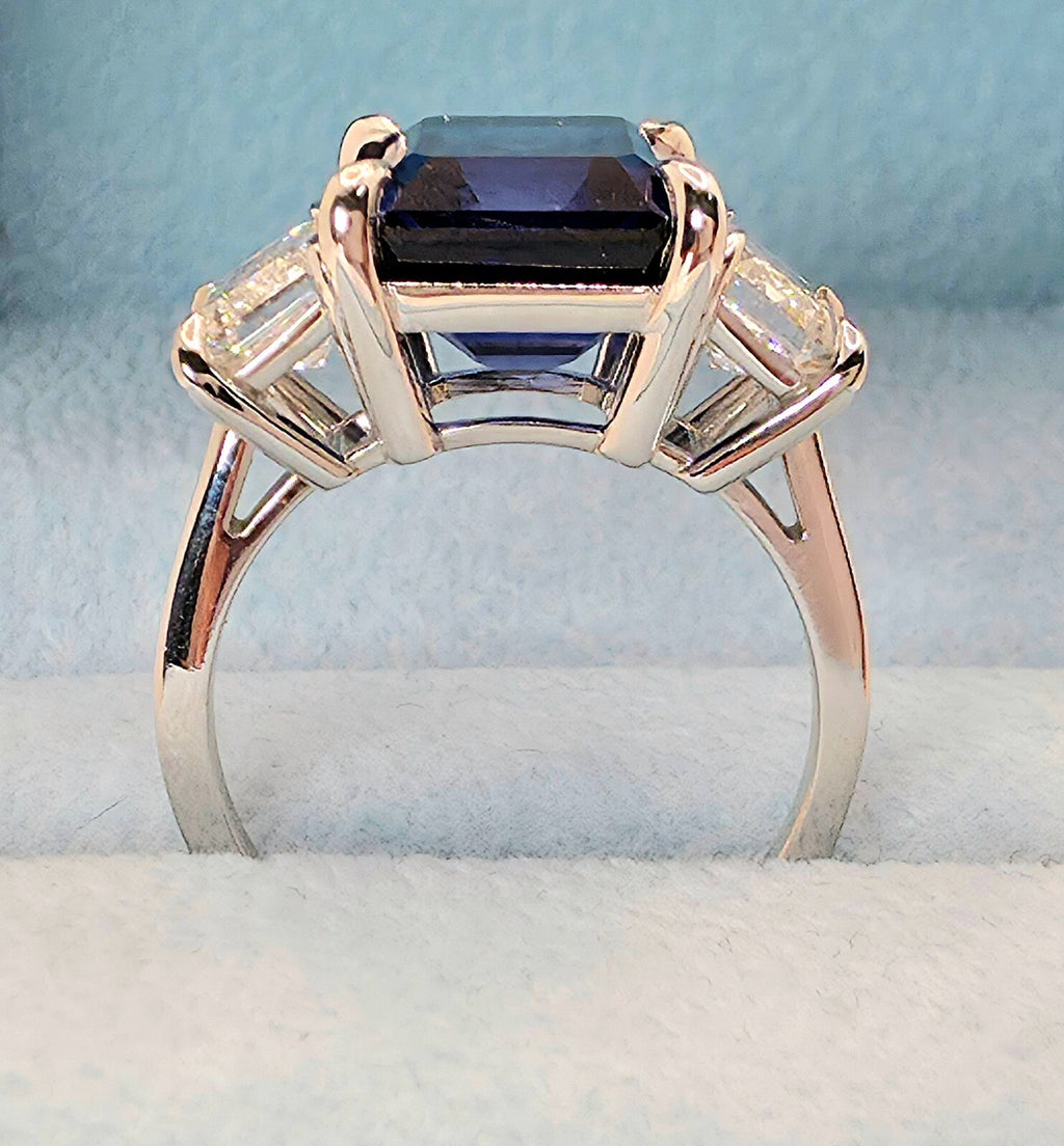 10.30 Ct Emerald Cut Lab Grown Sapphire and Diamond Ring 14k GIA Authenticated