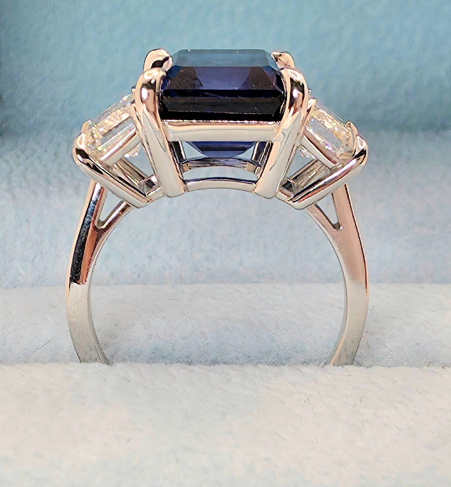 10.30 Ct Emerald Cut Lab Grown Sapphire and Diamond Ring 14k GIA Authenticated
