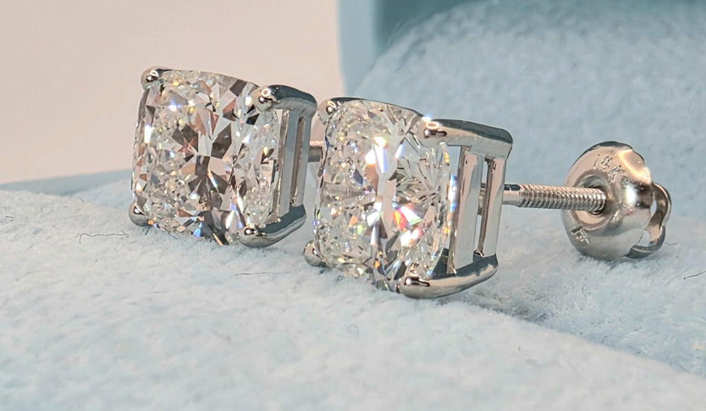 4.00 Cushion D VS1 Lab Grown Diamond Studs IGI Certified 14k White Gold Screw