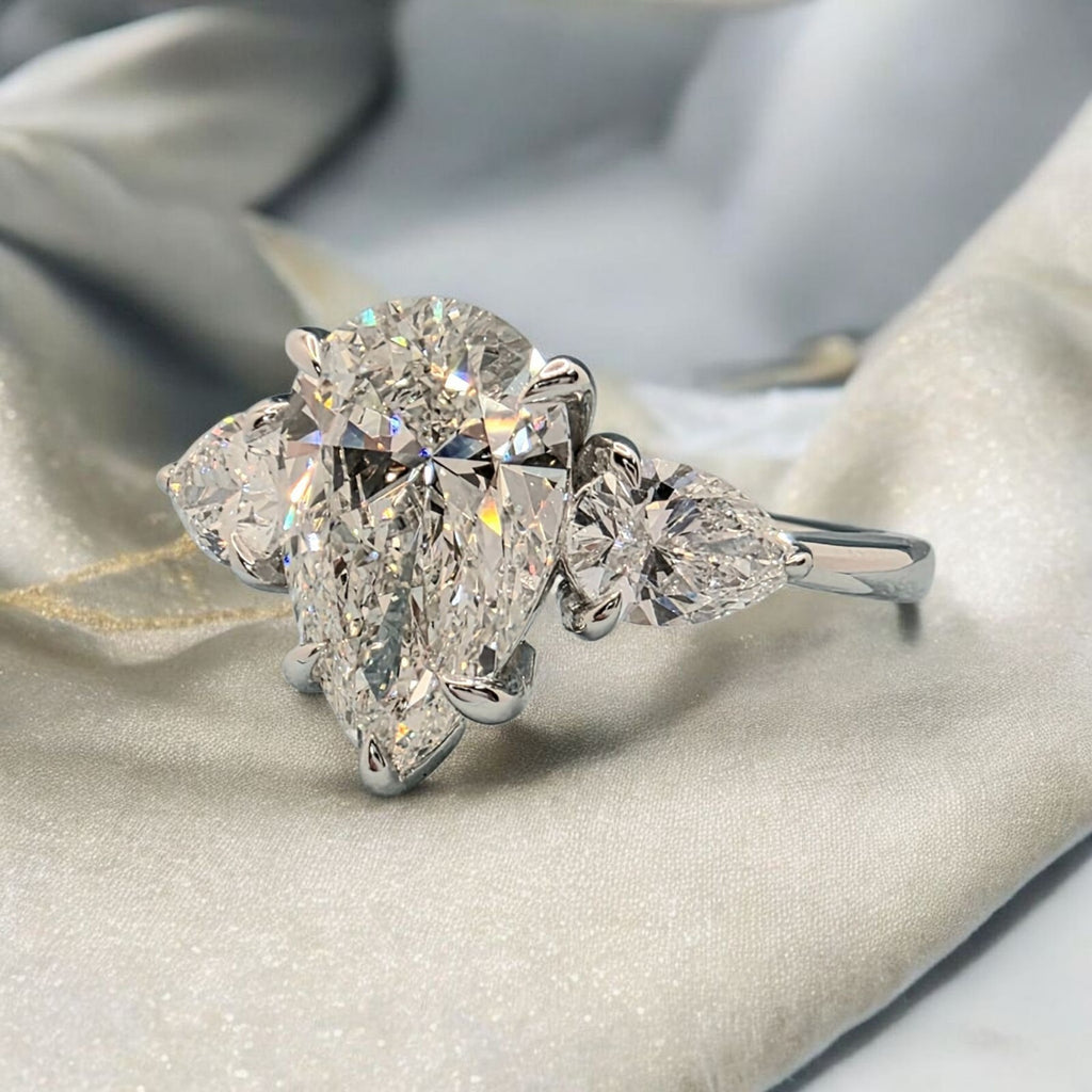 2.70 Ct 3 Stone E VS1 Diamond Ring Pear Shape IGI Certified Lab Grown 14k White