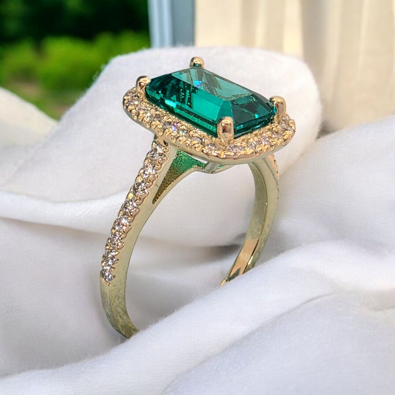 2.51 Ct Emerald Cut Lab Grown Emerald and Diamond Ring 14k GIA Authenticated