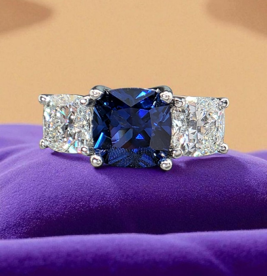 4.70 Ct Cushion Lab Grown Sapphire and Diamond Ring 14k IGI GIA Authenticated