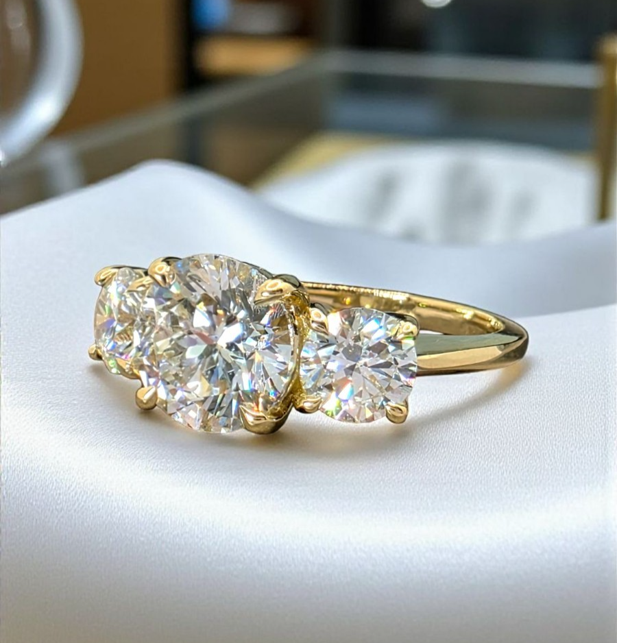 3.00 Ct D VS1 Lab Grown Round Cut Diamond Three Stone Engagement Ring 14k Gold