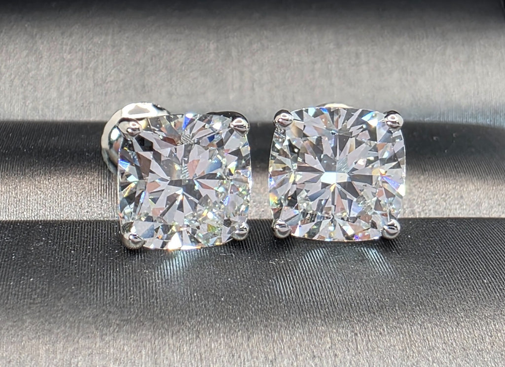 4.00 Cushion E VS1 Lab Grown Diamond Studs IGI Certified 14k White Gold Screw