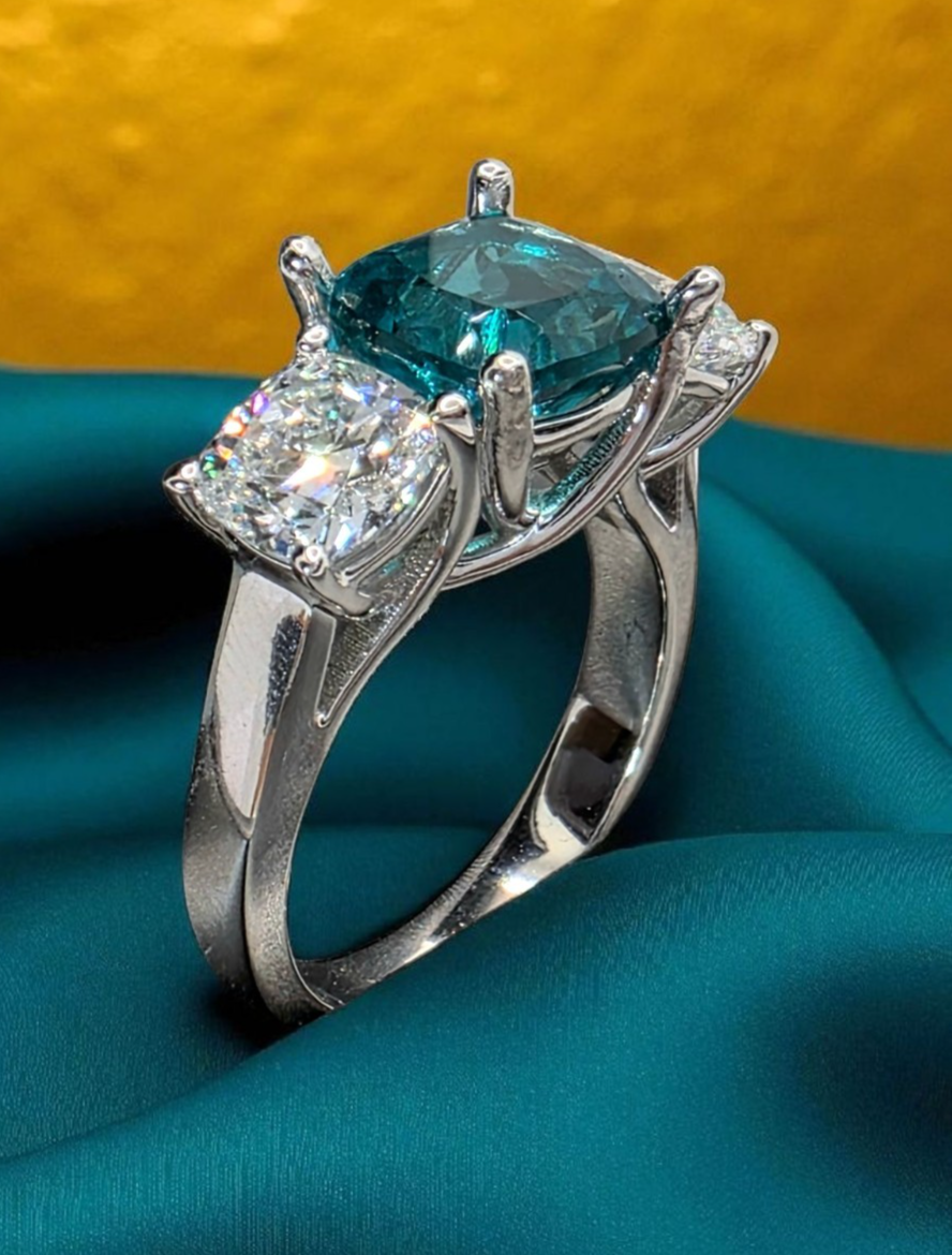 4.00 Ct Cushion Lab Grown Paraiba Tourmaline and Diamond Ring 14k IGI GIA