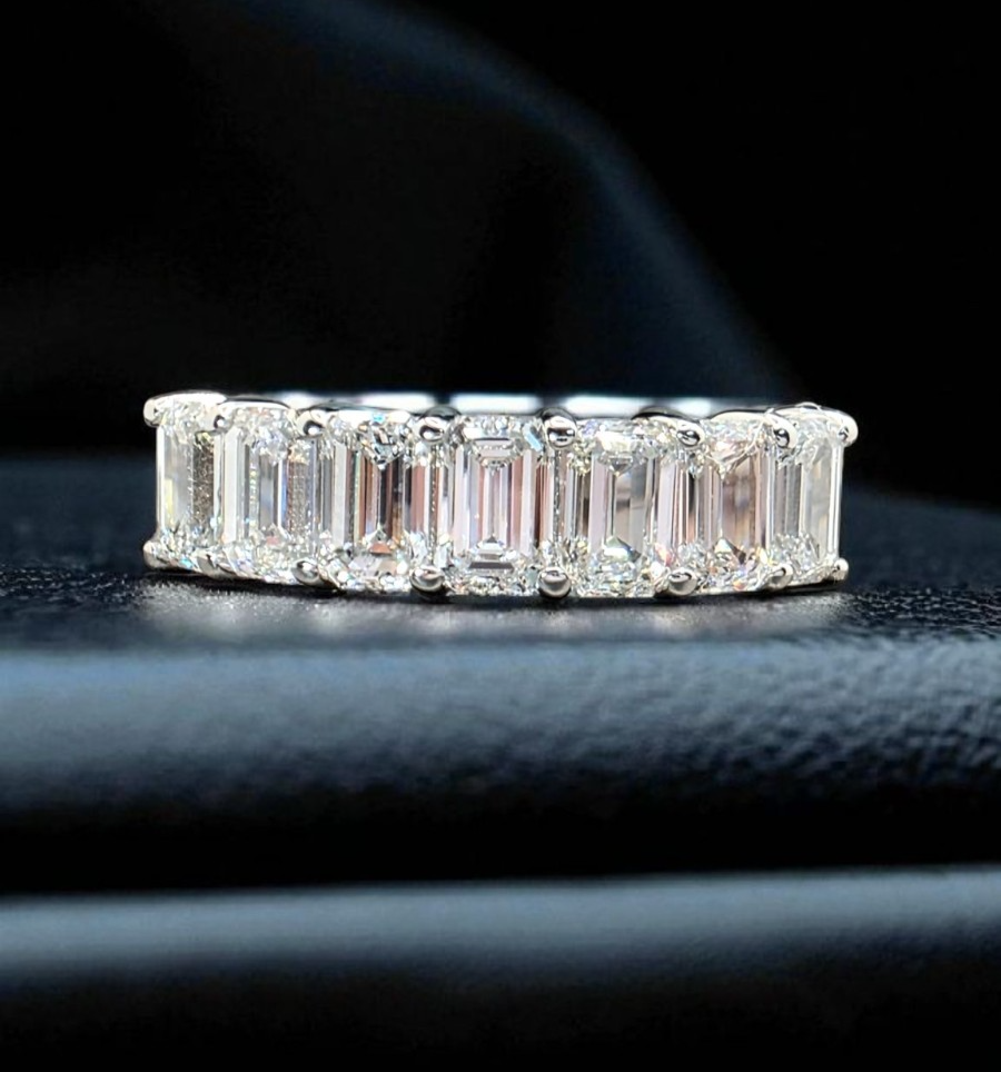 3.00 Carat 7 Stone Lab Grown Emerald Cut Diamond Band 3mm Platinum