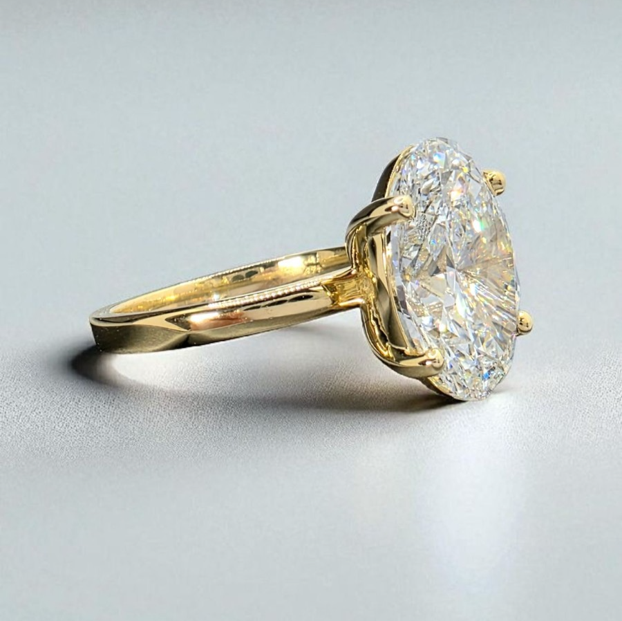 4.00 Ct F VS1 Oval Lab Grown Diamond Ring IGI Certified 14k Yellow Gold