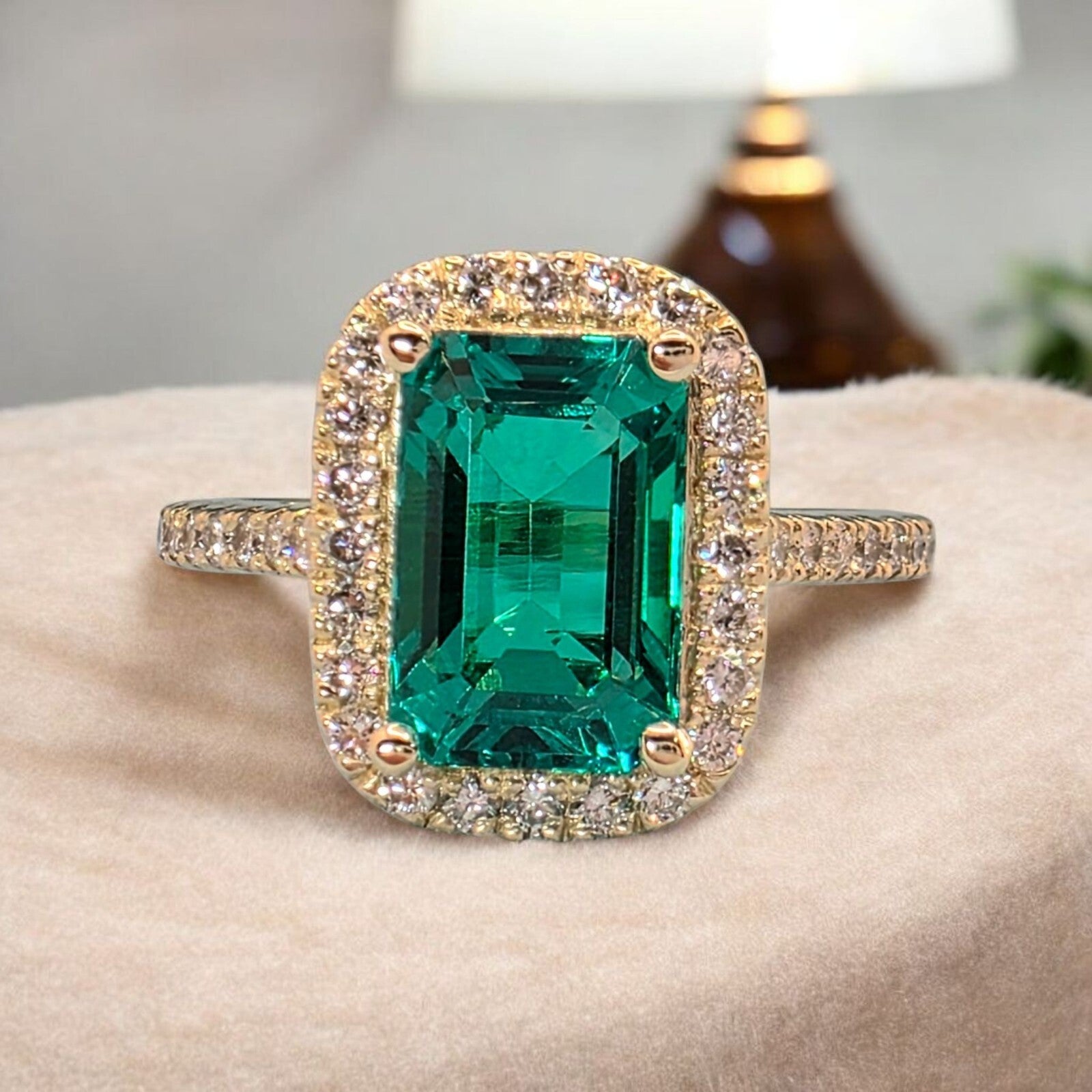 2.51 Ct Emerald Cut Lab Grown Emerald and Diamond Ring 14k GIA Authenticated