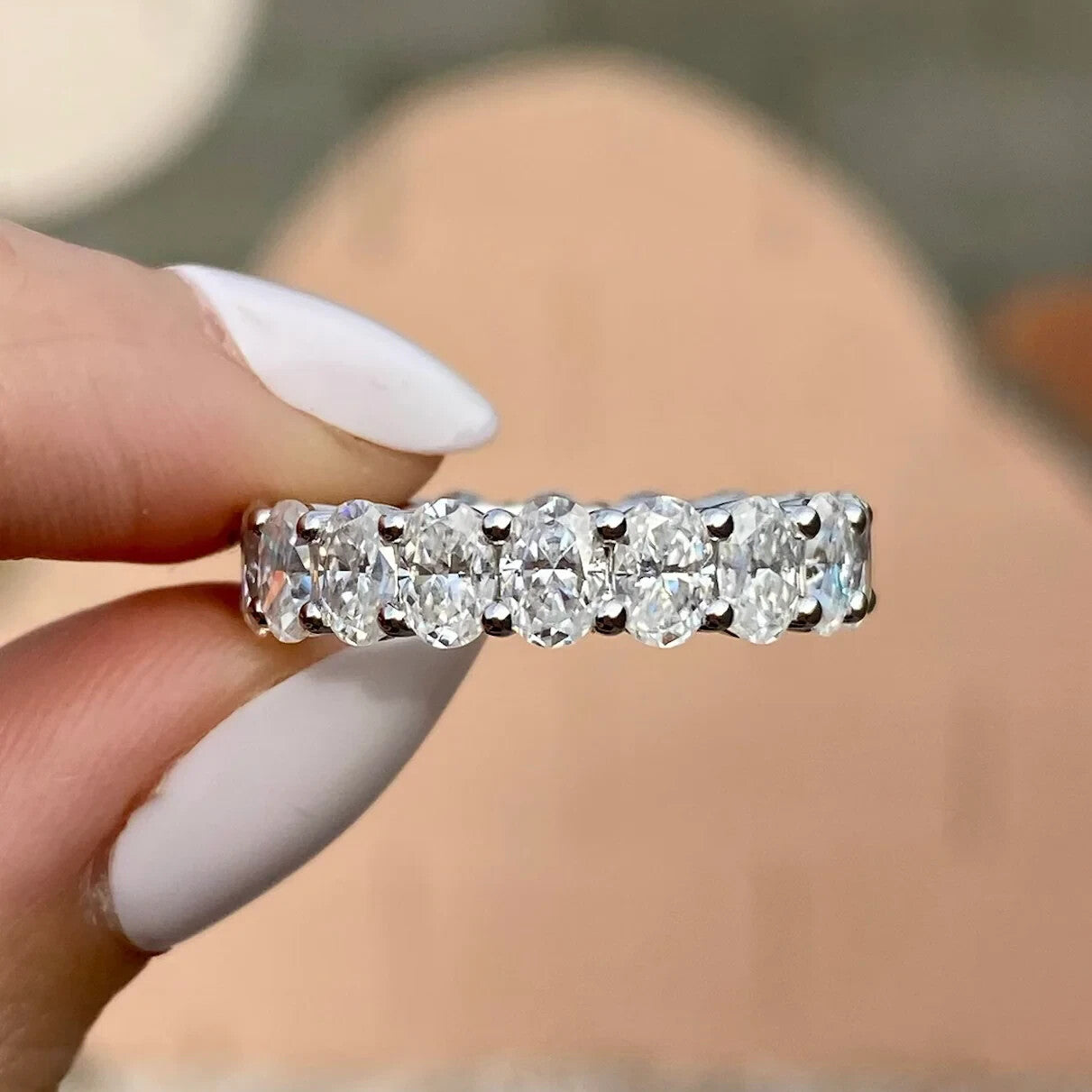 4.50 Ct Oval Lab Grown Diamond Eternity Band Ring 14k E VS GIA Authenticated