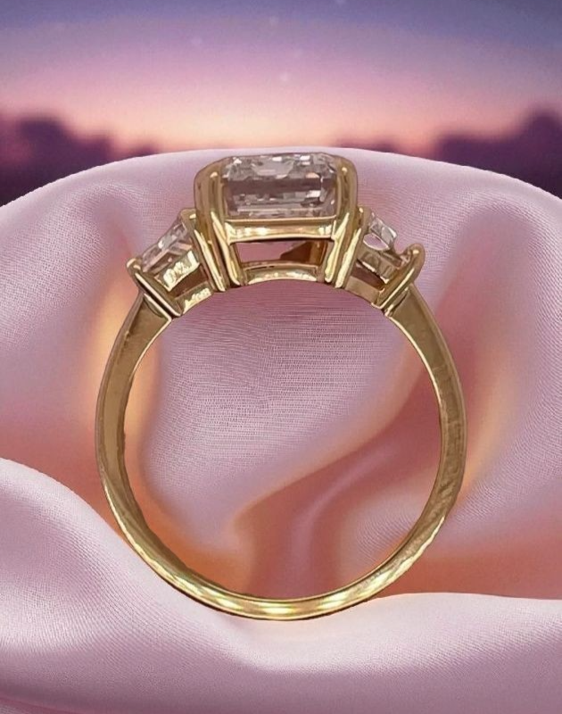 3.80Ct Emerald Cut Lab Grown Diamond Three Stone Engagement Ring 14k Yellow Gold
