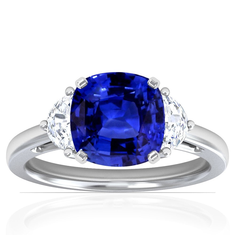 4.18 Ct Cushion Lab Grown Sapphire and Moon Diamond Ring Plat GIA Authenticated