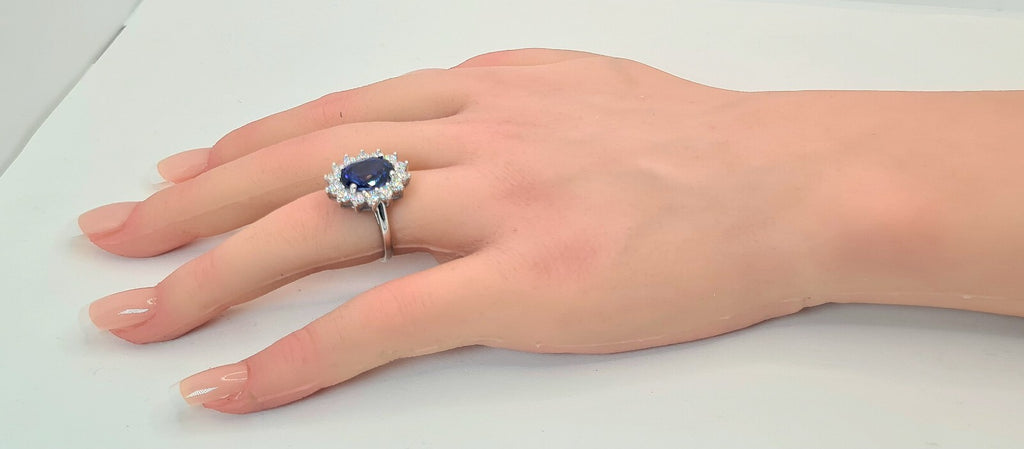 6.23 Ct Lady Di Lab Grown Sapphire and Diamond Ring 14k White GIA Authenticated