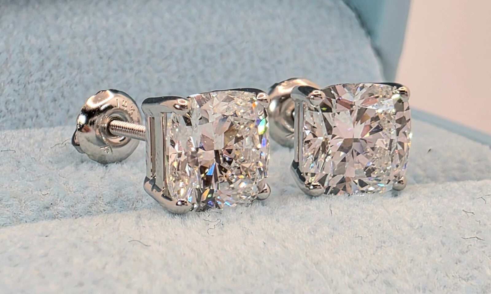 4.00 Cushion E VS1 Lab Grown Diamond Studs IGI Certified 14k White Gold Screw